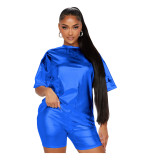 Women's Fashion Casual Metal COLor SOLid Short Sleeve Two-Piece Shorts Set Women's Clothing