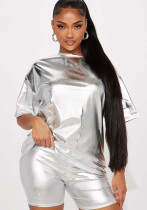 Women's Fashion Casual Metal COLor SOLid Short Sleeve Two-Piece Shorts Set Women's Clothing