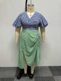 Sexy Irregular Stripe Contrast COLor Drawstring Lace-Up Slit Plus Size Two Piece Skirt Set Nightclub Dress
