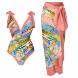 Sexy One Piece Hot Spring Swimsuit Female Chiffon Beach Skirt Two Piece Set