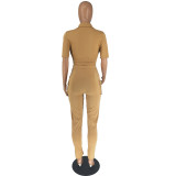 Women's Casual SOLid COLor  Short Sleeve Shirt Slit Trousers Two Piece Set