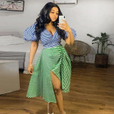 Sexy Irregular Stripe Contrast COLor Drawstring Lace-Up Slit Plus Size Two Piece Skirt Set Nightclub Dress