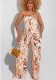 Summer Ladies Strapless Marble Print Wide Leg Pants Loose Jumpsuit