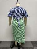 Sexy Irregular Stripe Contrast COLor Drawstring Lace-Up Slit Plus Size Two Piece Skirt Set Nightclub Dress