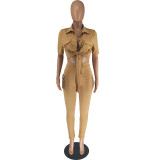 Women's Casual SOLid COLor  Short Sleeve Shirt Slit Trousers Two Piece Set