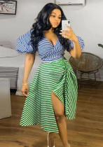 Sexy Irregular Stripe Contrast COLor Drawstring Lace-Up Slit Plus Size Two Piece Skirt Set Nightclub Dress Sexy Irregular Stripe Contrast COLor Drawstring Lace-Up Slit Plus Size Two Piece Skirt Set Nightclub Dress