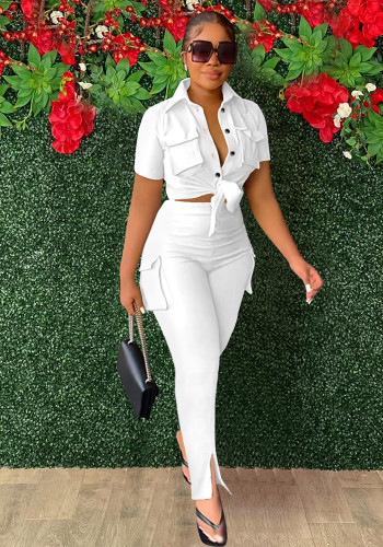 Women's Casual SOLid COLor  Short Sleeve Shirt Slit Trousers Two Piece Set
