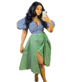 Sexy Irregular Stripe Contrast COLor Drawstring Lace-Up Slit Plus Size Two Piece Skirt Set Nightclub Dress