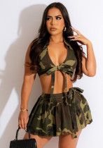 Sexy Women's Camouflage Halter Tie Backless Top Pleated Skirt Fashion Two Piece Set Sexy Women's Camouflage Halter Tie Backless Top Pleated Skirt Fashion Two Piece Set
