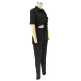 Women's Casual SOLid COLor  Short Sleeve Shirt Slit Trousers Two Piece Set