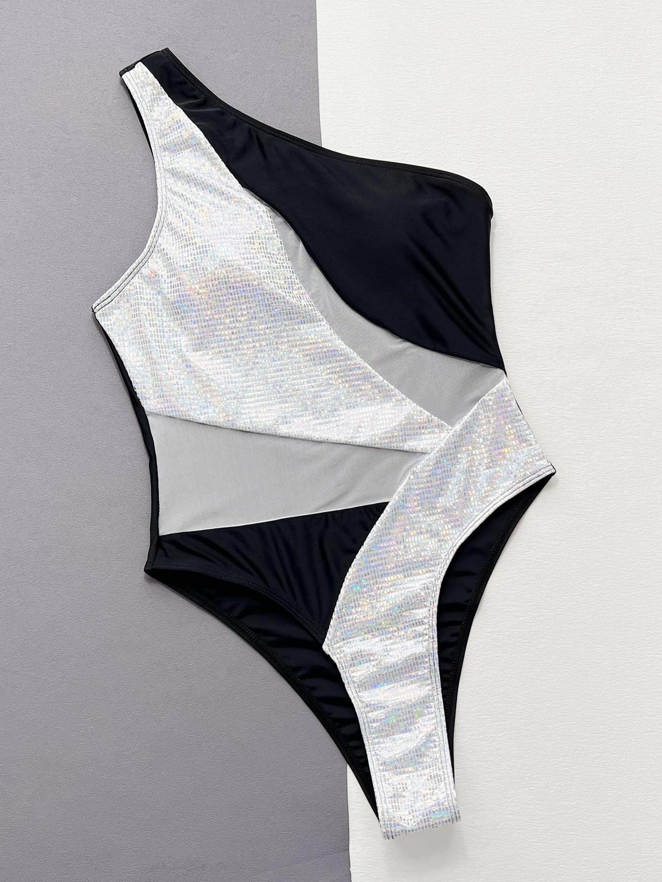 One-Shoulder Mesh Patchwork One-Piece Swimsuit for Beachwear