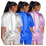 Women's Fashion Casual Metal COLor SOLid Short Sleeve Two-Piece Shorts Set Women's Clothing