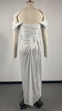 Spring Summer Ladies Sexy Glitter Off Shoulder Slit Prom Gown Dress