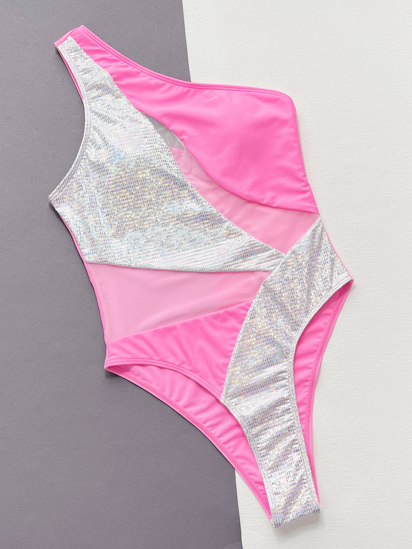 One-Shoulder Mesh Patchwork One-Piece Swimsuit for Beachwear