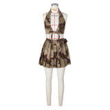 Sexy Women's Camouflage Halter Tie Backless Top Pleated Skirt Fashion Two Piece Set