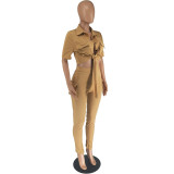 Women's Casual SOLid COLor  Short Sleeve Shirt Slit Trousers Two Piece Set