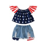 Flag printed top Denim shorts girls' two-piece set
