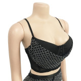 women's solid mesh Beaded suspender pants two-piece set