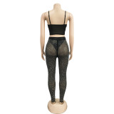 women's solid mesh Beaded suspender pants two-piece set