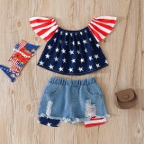 Flag printed top Denim shorts girls' two-piece set