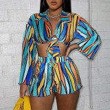 women's colorful printed shirt collar shorts set
