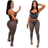 women's solid mesh Beaded suspender pants two-piece set