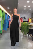Casual Solid One Shoulder Slim Waist Wide Leg Bell Bottom Women's Jumpsuit