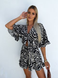 Summer Women's Zebra Print Ruffle Edge Sleeve Drop Shoulder Sleeve V-Neck Lace Up High Waist Shorts Jumpsuit