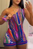Abstract printing Slash Shoulder Jumpsuit