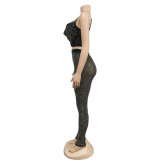 women's solid mesh Beaded suspender pants two-piece set