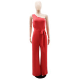 Casual Solid One Shoulder Slim Waist Wide Leg Bell Bottom Women's Jumpsuit