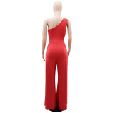 Casual Solid One Shoulder Slim Waist Wide Leg Bell Bottom Women's Jumpsuit