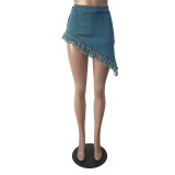 Women Denim Stretch Diagonal Apron Fringed Shorts