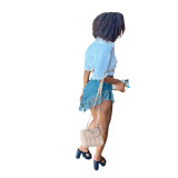 Women Denim Stretch Diagonal Apron Fringed Shorts