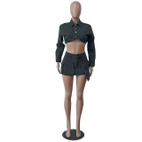 WomenStretch Sexy Denim Long Sleeve Top and Casual Pocket Dress Two Piece Set
