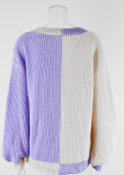 Plus Size Women Loose Patchwork Colorblock Knitting Cardigan Sweater