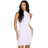 Summer Ladies Round Neck Sleeveless Solid Color Fashion Slim Bodycon Dress