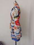 Spring Summer Bohemian Positioning Print Tie Long Sleeve Shirt Dress