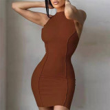 Summer Ladies Round Neck Sleeveless Solid Color Fashion Slim Bodycon Dress