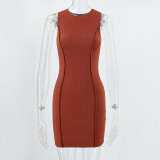 Summer Ladies Round Neck Sleeveless Solid Color Fashion Slim Bodycon Dress