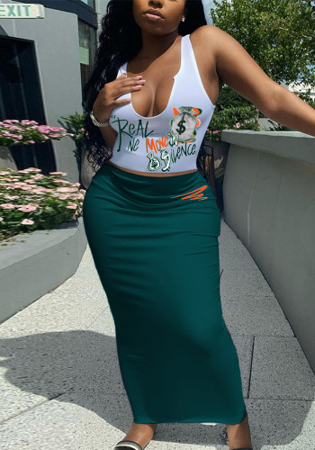 Summer Letter print Tank Top Slim Long Skirt Two piece set