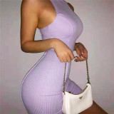 Summer Ladies Round Neck Sleeveless Solid Color Fashion Slim Bodycon Dress
