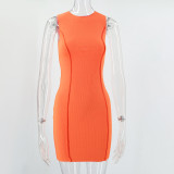 Summer Ladies Round Neck Sleeveless Solid Color Fashion Slim Bodycon Dress