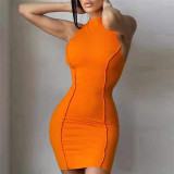 Summer Ladies Round Neck Sleeveless Solid Color Fashion Slim Bodycon Dress