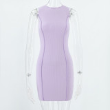 Summer Ladies Round Neck Sleeveless Solid Color Fashion Slim Bodycon Dress