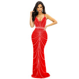Fashion Ladies Solid Color Camisole Sleeveless Beaded Low Back Maxi Dress