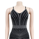 Fashion Ladies Solid Color Camisole Sleeveless Beaded Low Back Maxi Dress