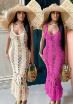 Women's Sexy Hollow Solid Color V-neck Knitting Sleeveless Mermaid Dress Women's Sexy Hollow Solid Color V-neck Knitting Sleeveless Mermaid Dress