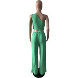 Women's Solid Color Casual One Shoulder Wide Leg Ladies Two-Piece Set