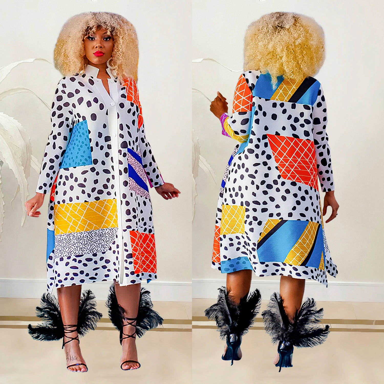 Printed Long-Sleeve Button-Up Maxi Dress for Everyday Wear